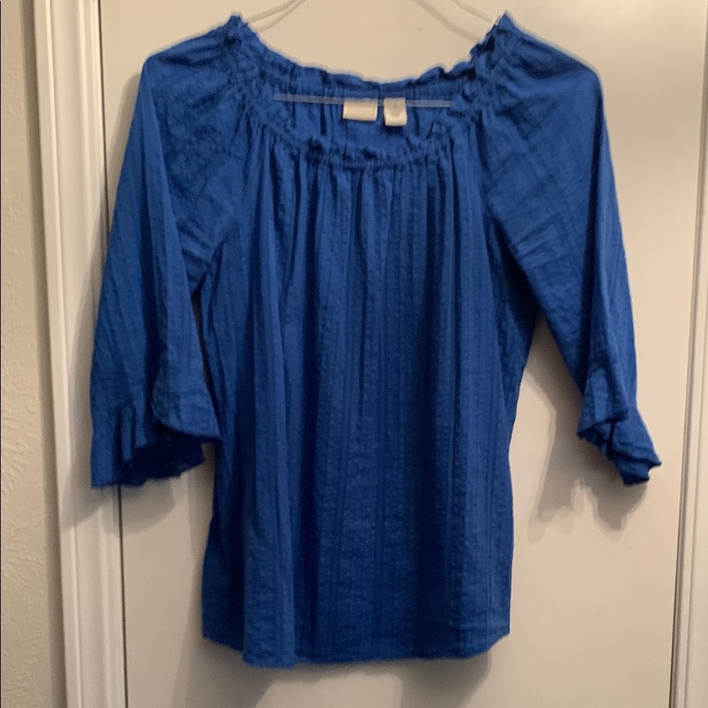 Westbound Blue Smocked Ruffled 3/4 Sleeve Blouse